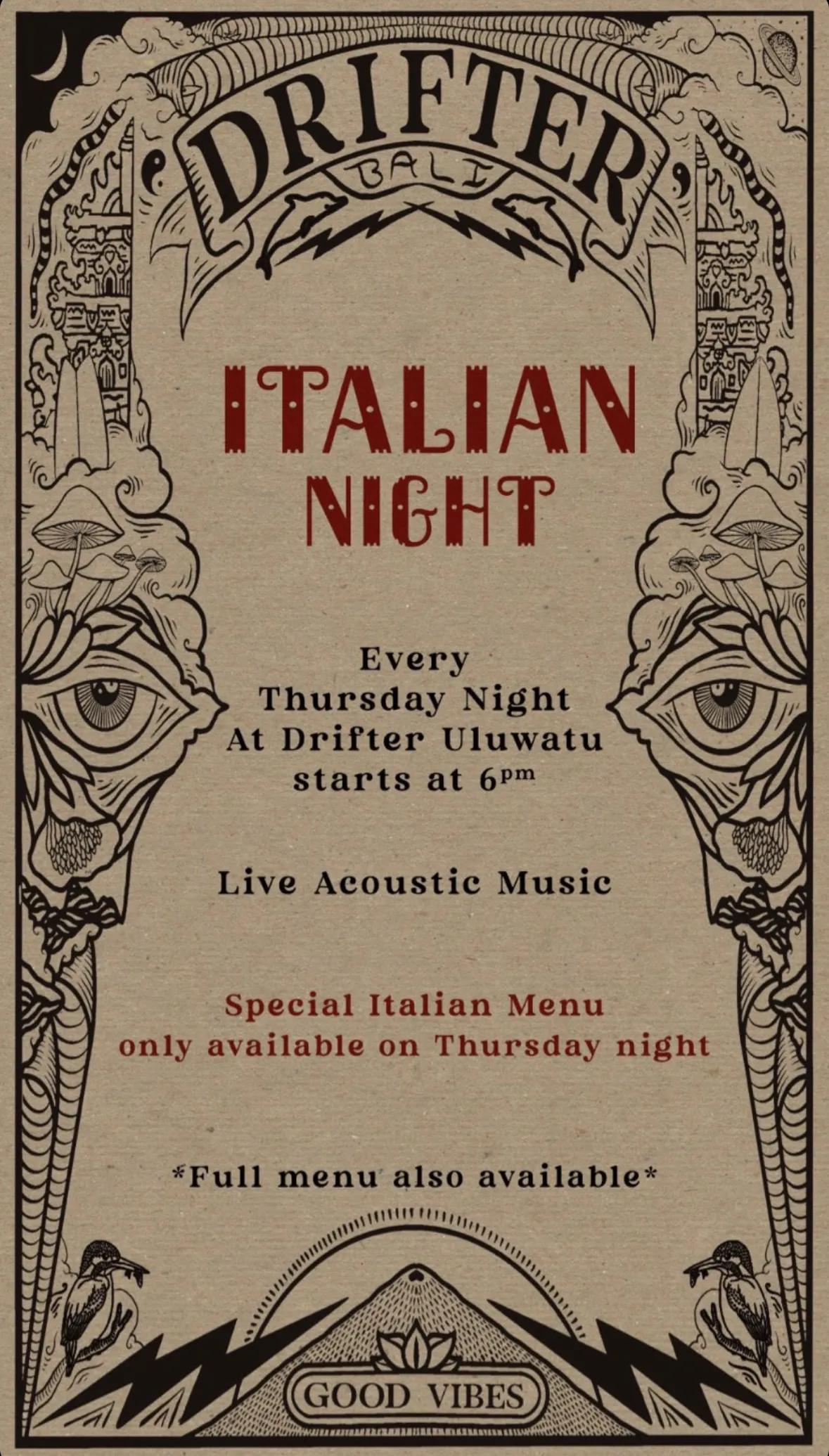 Event at Drifter Surf Shop Cafe & Gallery every Thursday 2024: Italian Night