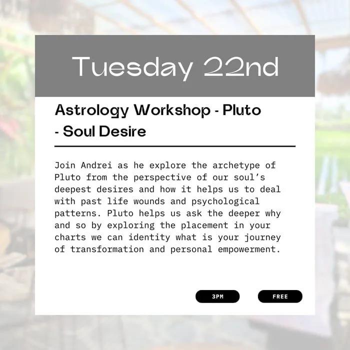 Event at Beluna - House of Creatives on October 22 2024: Astrology Workshop - Pluto - Soul Desire