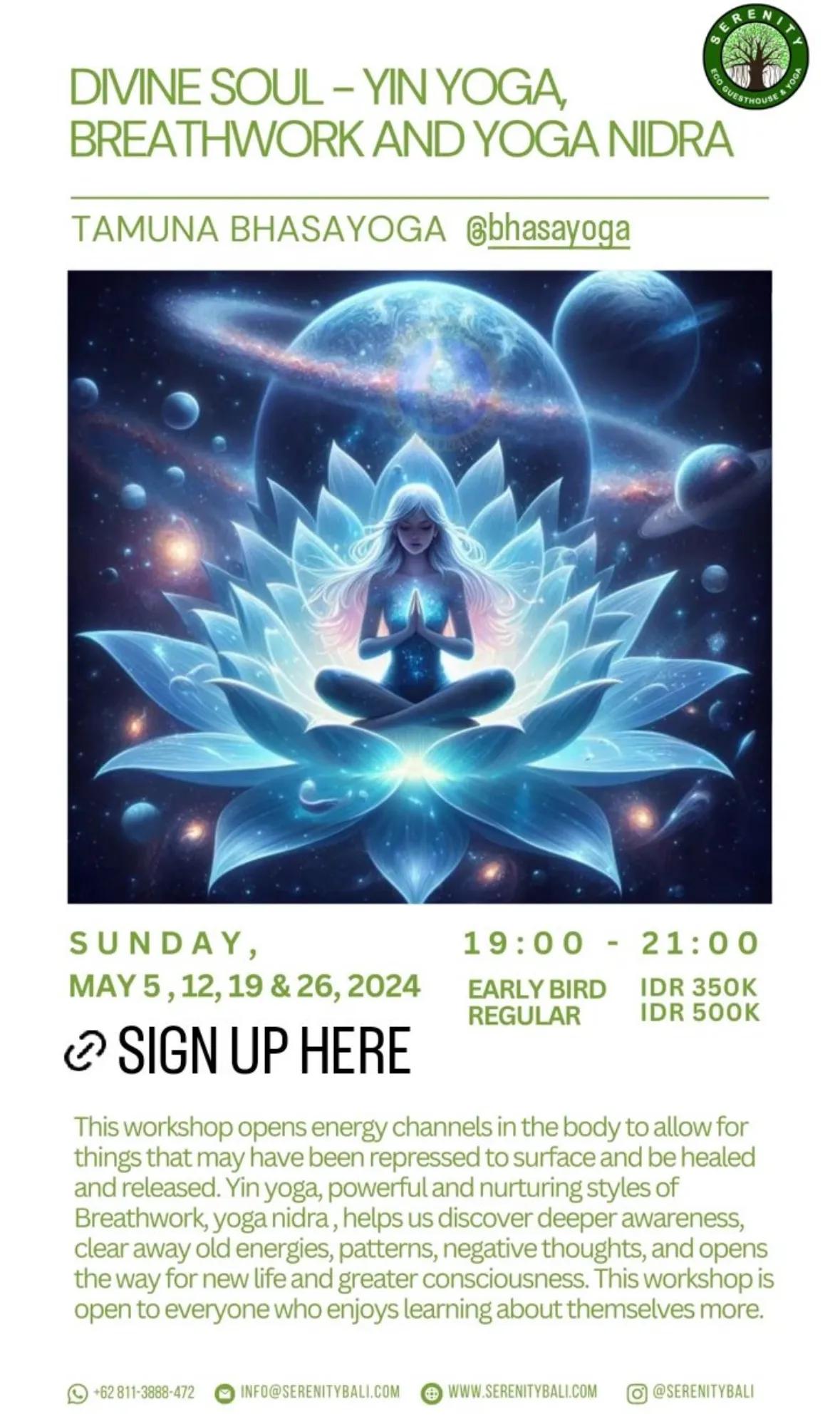 Event at Serenity Eco Guesthouse and Yoga every Sunday 2024: Divine Soul - Yin Yoga, Breathwork And Yoga Nidra