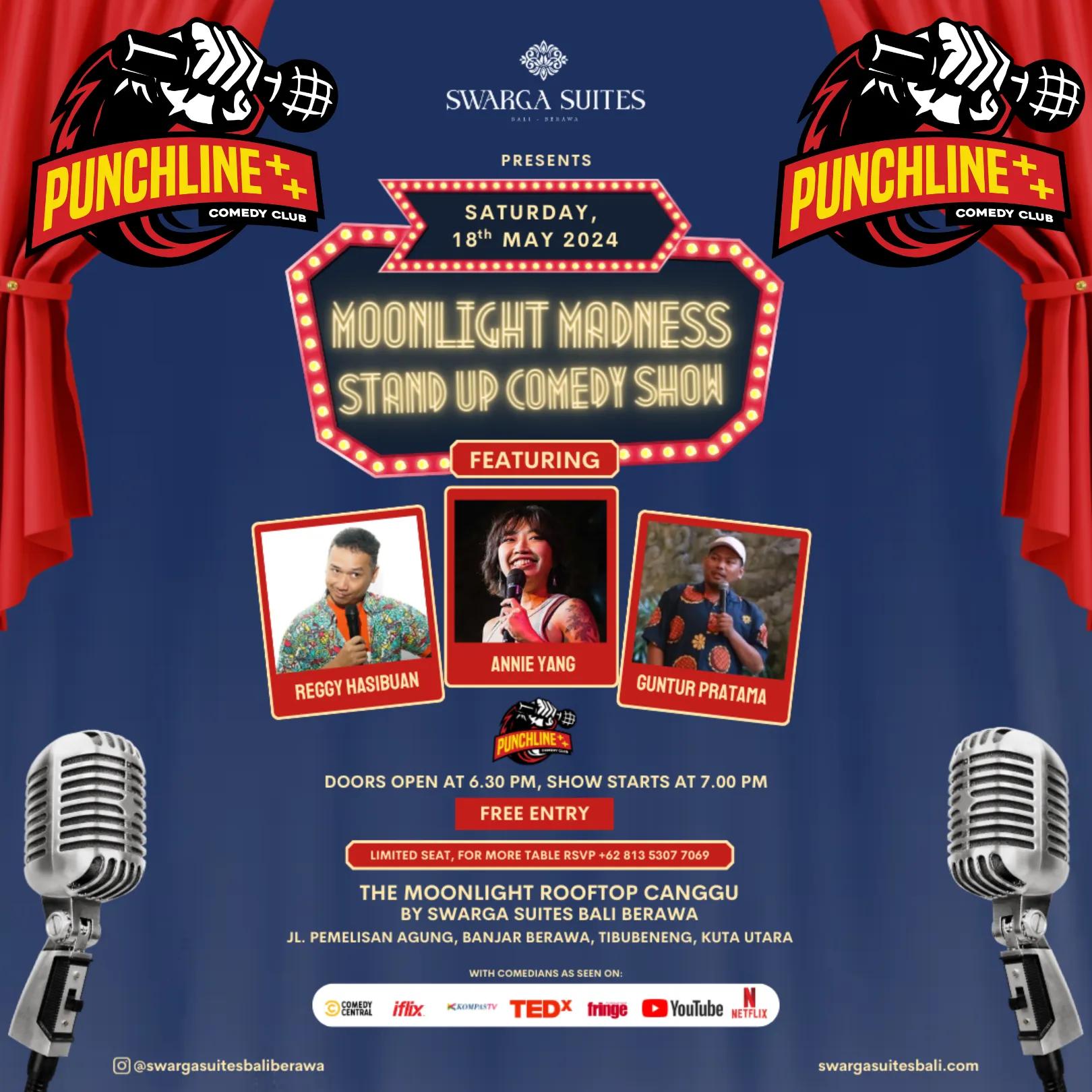 Event at Swarga Suites on May 18 2024: Stand-Up Comedy: Moonlight Madness