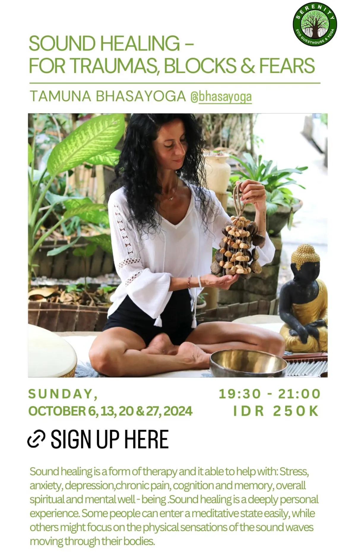 Event at Serenity Eco Guesthouse and Yoga every Sunday 2024: Sound Healing - for Traumas, Blocks and Fears