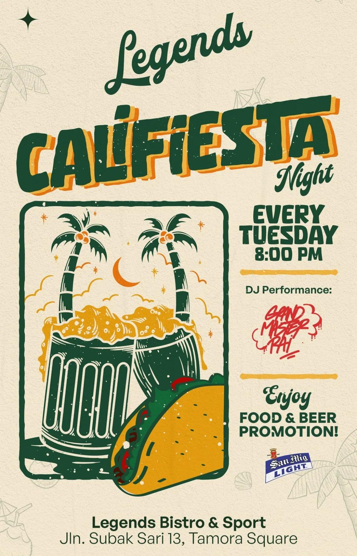 Event at Legends Bistro every Tuesday 2024: Califiesta